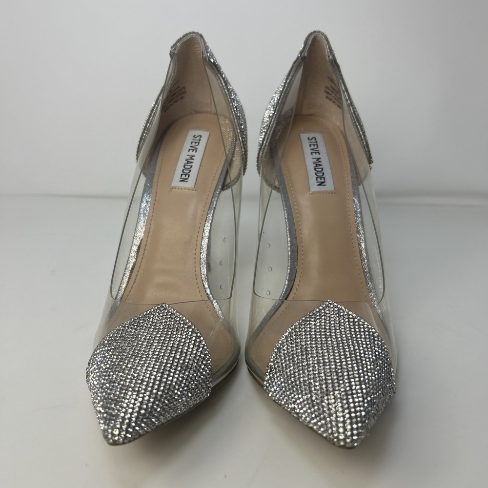 Steve Madden Malibu-R Rhinestone Clear Pumps Silver Stiletto Heels Size 10 M - Picture 2 of 10